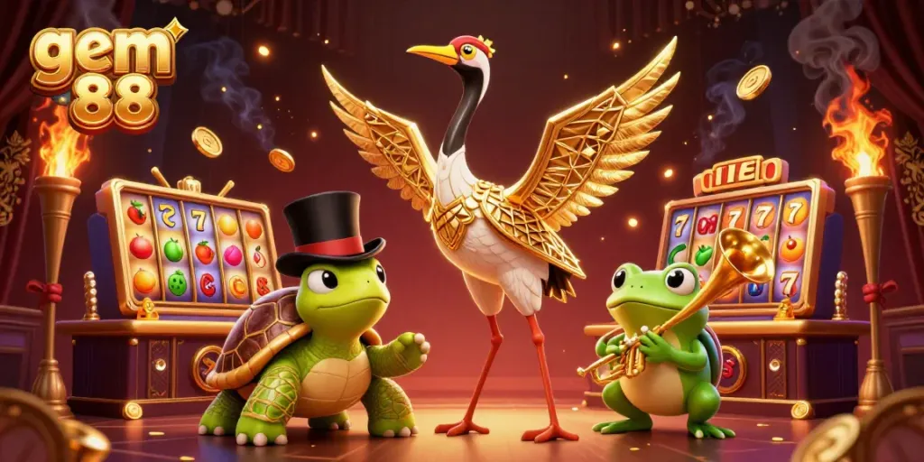 Experience gem 88 in action with vibrant slots and lively characters at this casino scene.