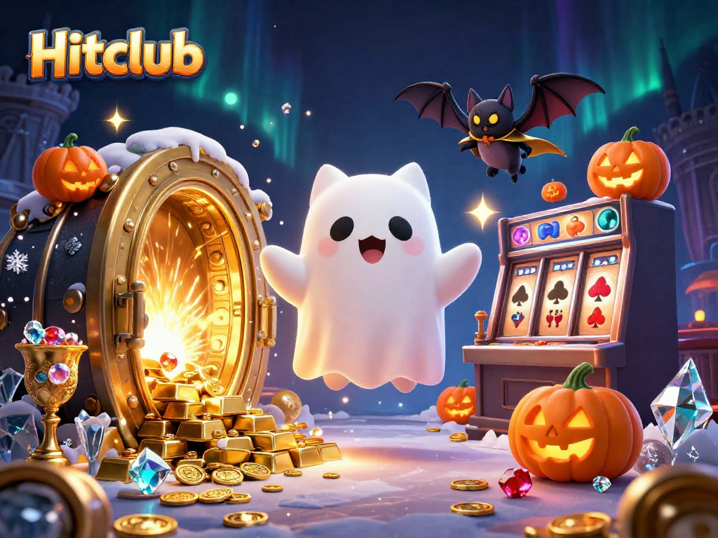 Hitclub's spirited ghost cat and bat explore a captivating haunted casino filled with treasures.