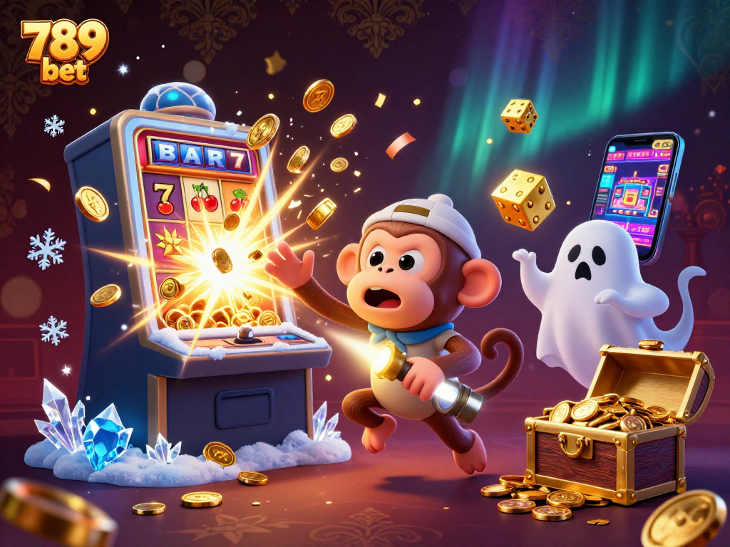 Play and win at 789 bet with a dynamic scene of a playful ghost and treasure in a casino.