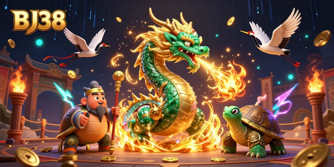 Experience thrilling gameplay with BJ38's immersive dragon and turtle scene in a vibrant casino atmosphere.