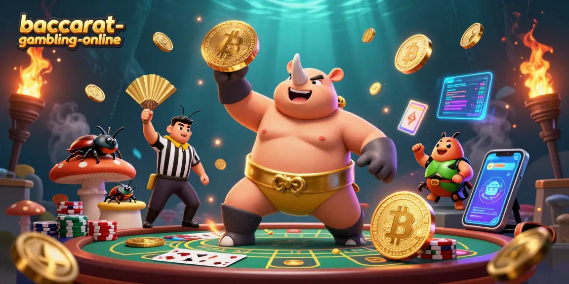 Engage in baccarat-gambling-online with a dynamic 3D scene featuring a sumo beetle champion and vibrant casino elements.