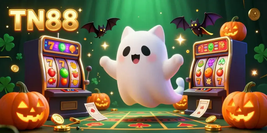 Engage with TN88's thrilling haunted casino, where a ghost cat and bat explore slot machines.