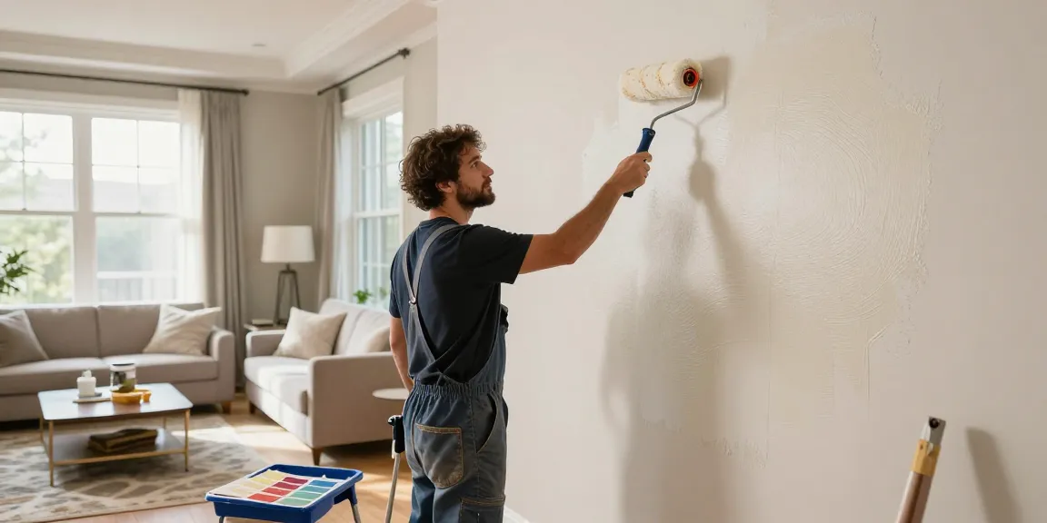 Painter in Lincoln transforming a living room with a fresh coat of paint, demonstrating quality craftsmanship.
