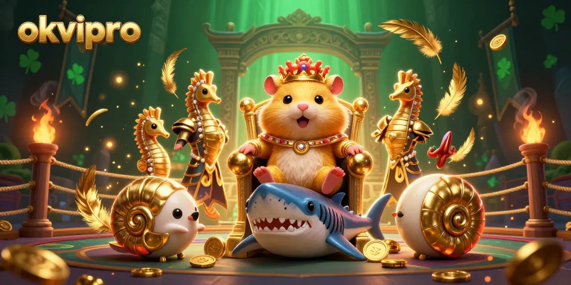 Engage in thrilling gameplay at okvipro with a golden hamster king in a vibrant casino atmosphere.