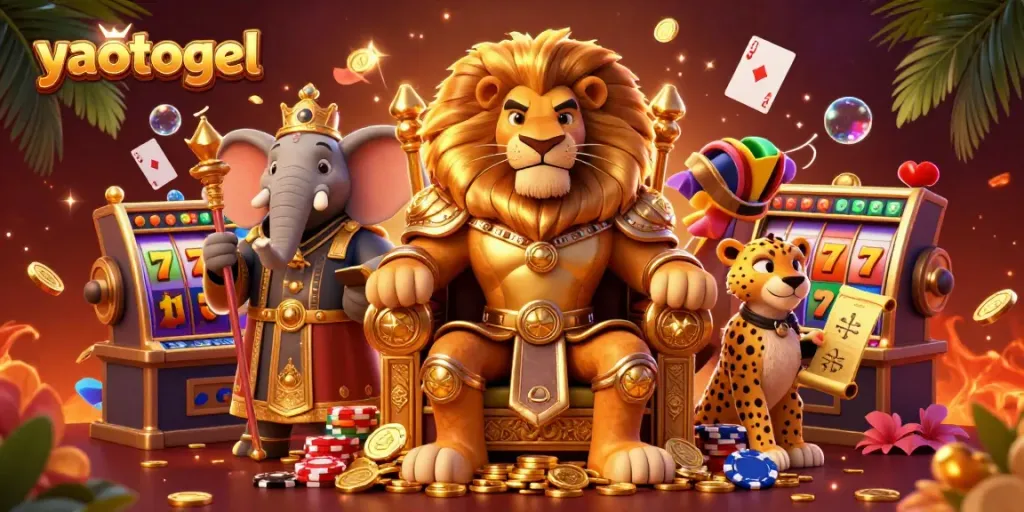Play slots and win big with yaotogel alongside a lion king and wise elephant in a vibrant casino scene.