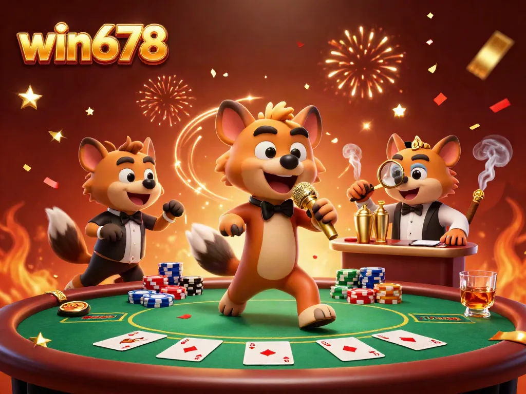 Experience thrilling gambling moments at win678 with cartoon hyenas in a lively casino scene.
