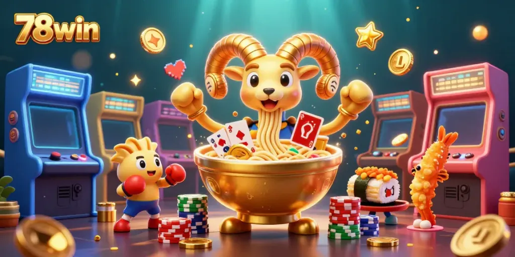 Engage in thrilling gaming adventures with 78win at this vibrant 3D cartoon casino scene.