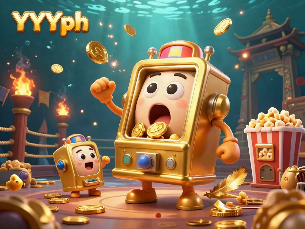 Experience the excitement of YYYph with a cartoon slot machine hitting a jackpot, surrounded by cheering companions and gold coins.