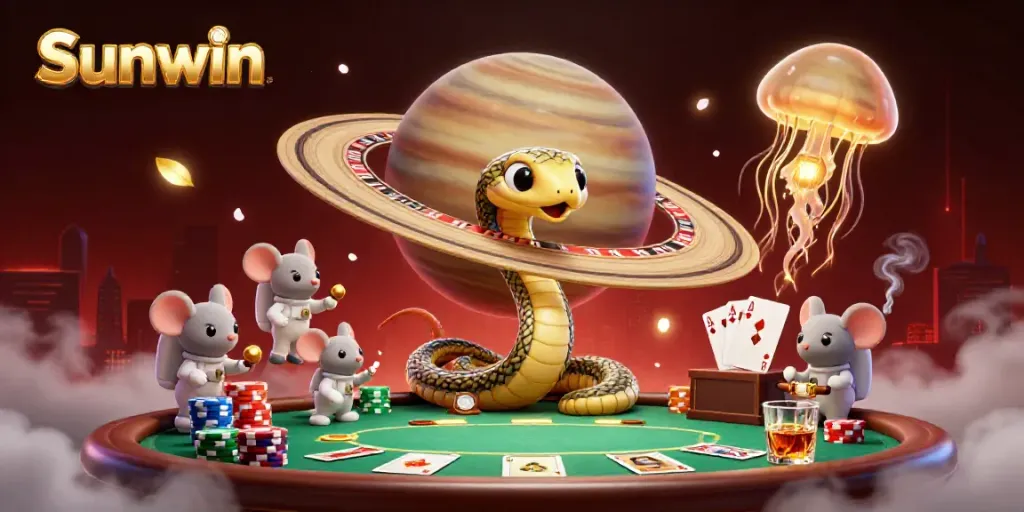 Sunwin players enjoy cosmic gambling scene with roulette and poker elements in a vibrant atmosphere.