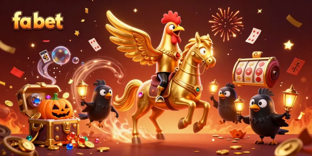 Experience fa bet excitement as a golden rooster and friends explore a vibrant 3D casino with treasure.