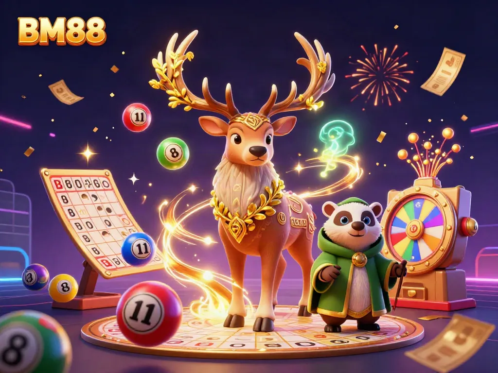 Engage with BM88's vibrant gaming experience featuring lottery elements and enchanting characters.