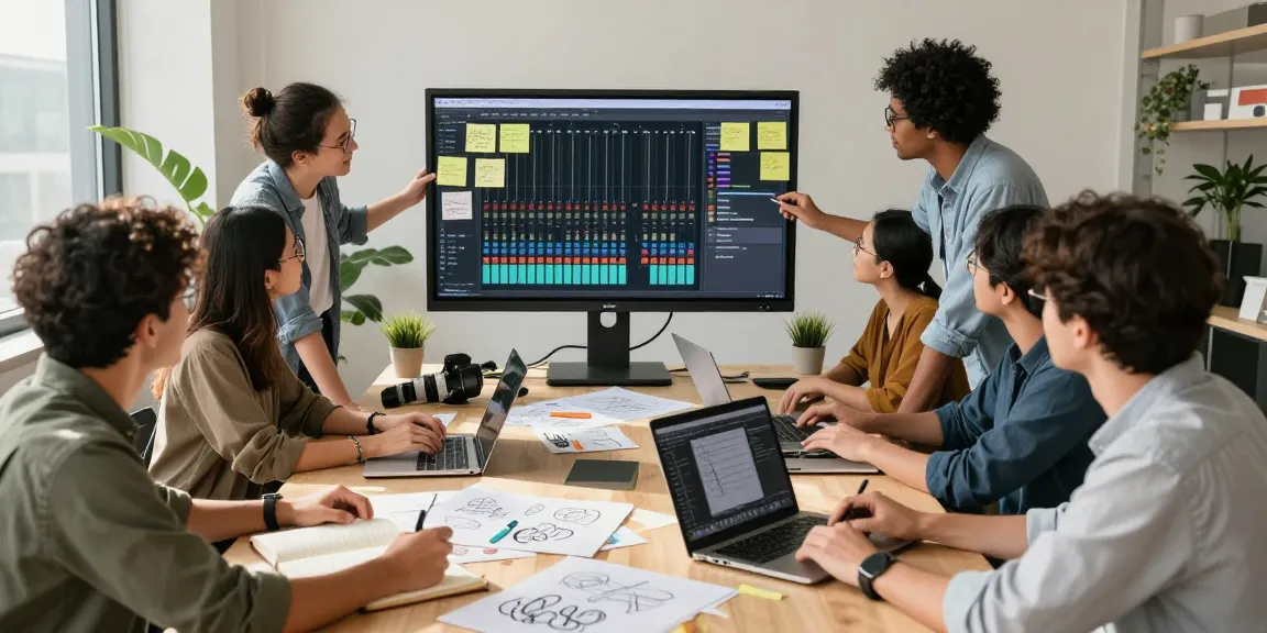 Creative team using a digital mix board for brainstorming in a modern office.