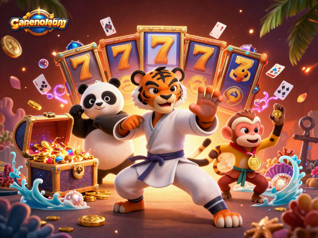 Experience gamenongtraivuive with a fun-packed scene featuring a kung fu tiger, panda, and monkey in a vibrant casino.