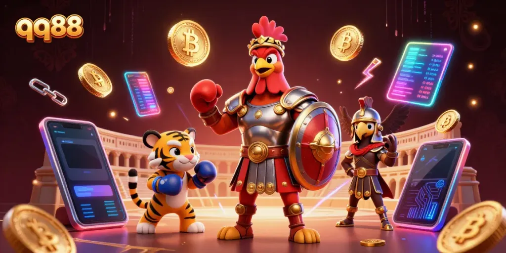 Engage with vibrant qq88 casino gameplay featuring a gladiator rooster amid crypto elements.