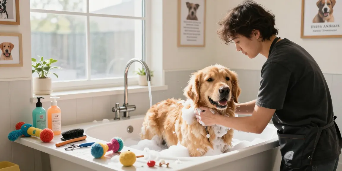 Local Groomer in York providing a loving grooming experience for a fluffy golden retriever in a serene salon setting