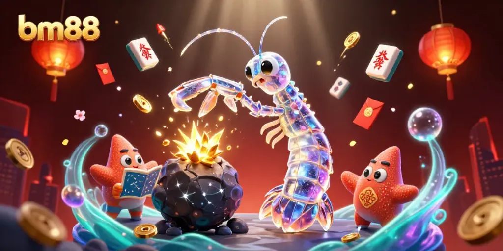 Engage with bm88 amidst fortune: a galactic samurai shrimp punching through an asteroid, filling the air with gems and excitement.