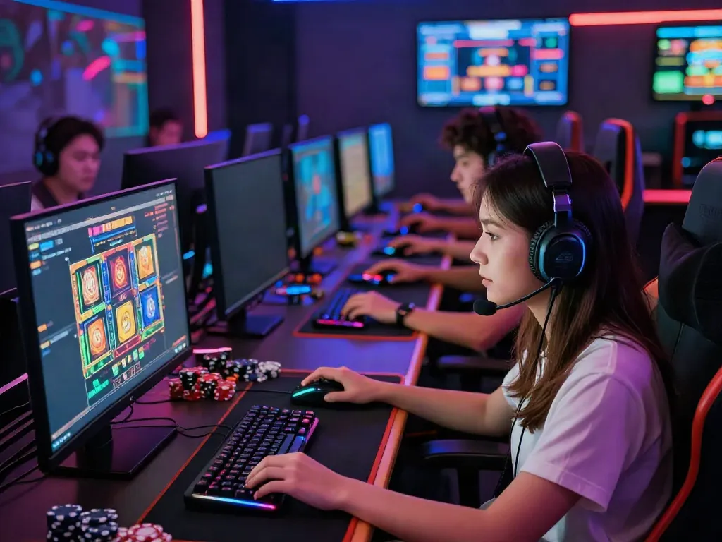 Engaged players exploring a uk online casino not on gamstop, featuring colorful interfaces and a cozy gaming setup.