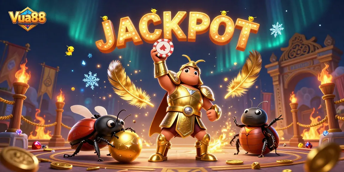Win big at Vua88 with vibrant 3D casino illustration featuring beetles, jackpot, and game elements.