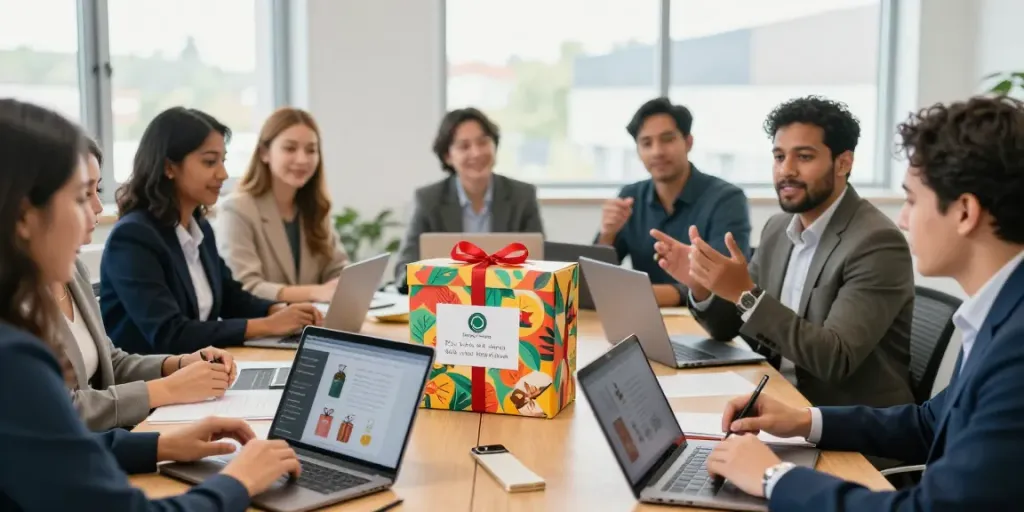 Team brainstorming around employee gift boxes showcasing unique staff gifts in a bright corporate office.