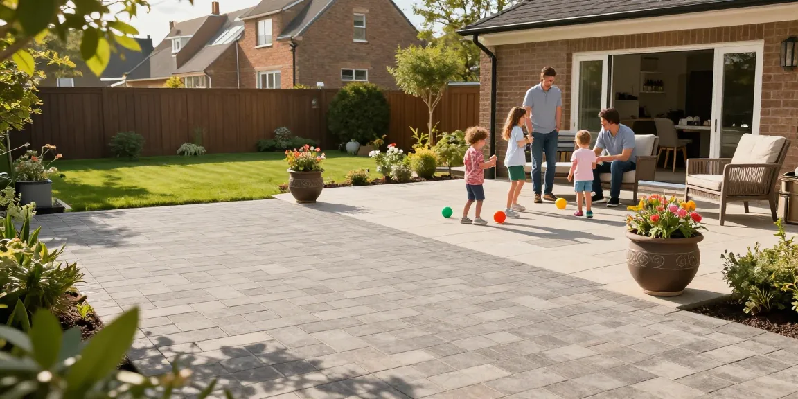 Driveways and Patios Dublin featuring a beautifully designed block paving driveway and family enjoying the patio space.