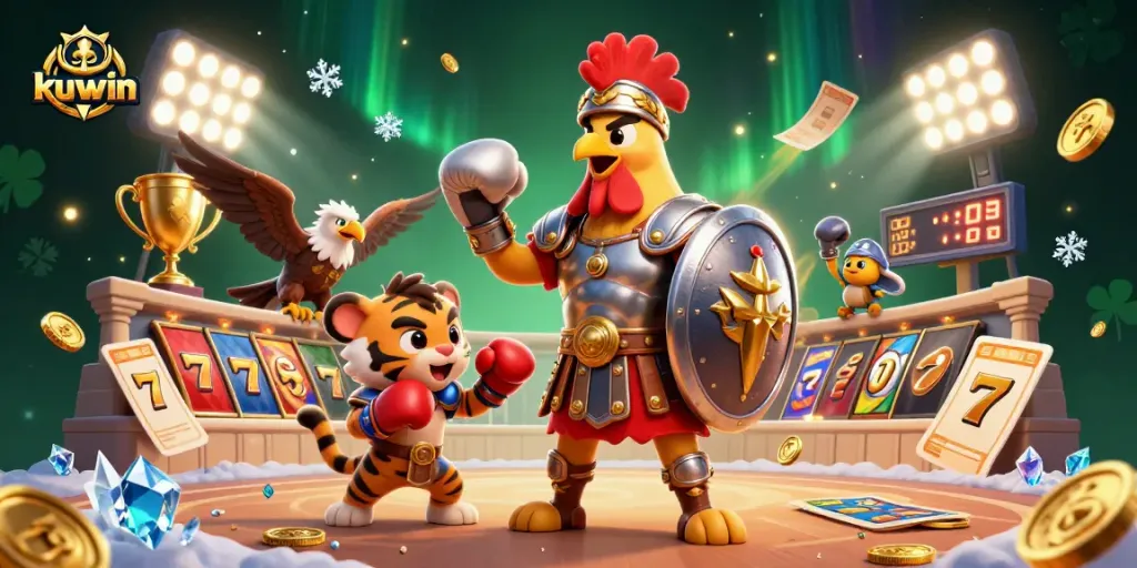 Kuwin offers thrilling jackpot slots with a unique 3D gladiator rooster mascot in action.