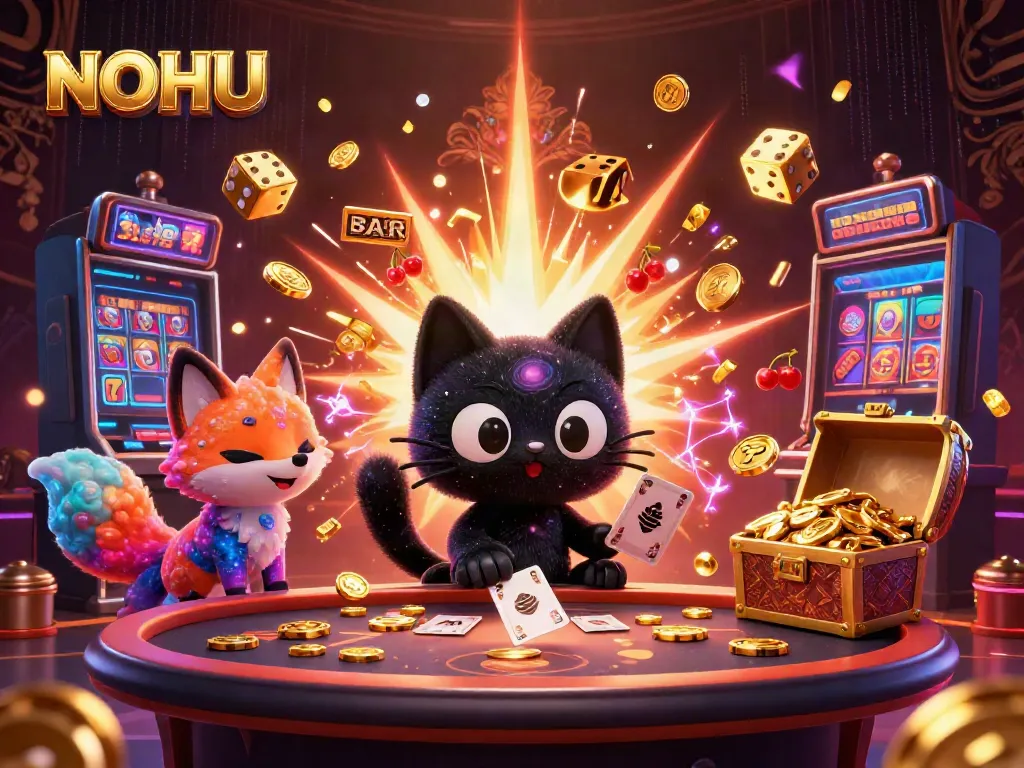 Engage with NOHU's captivating cosmic casino experience featuring a black hole cat and nebula fox.