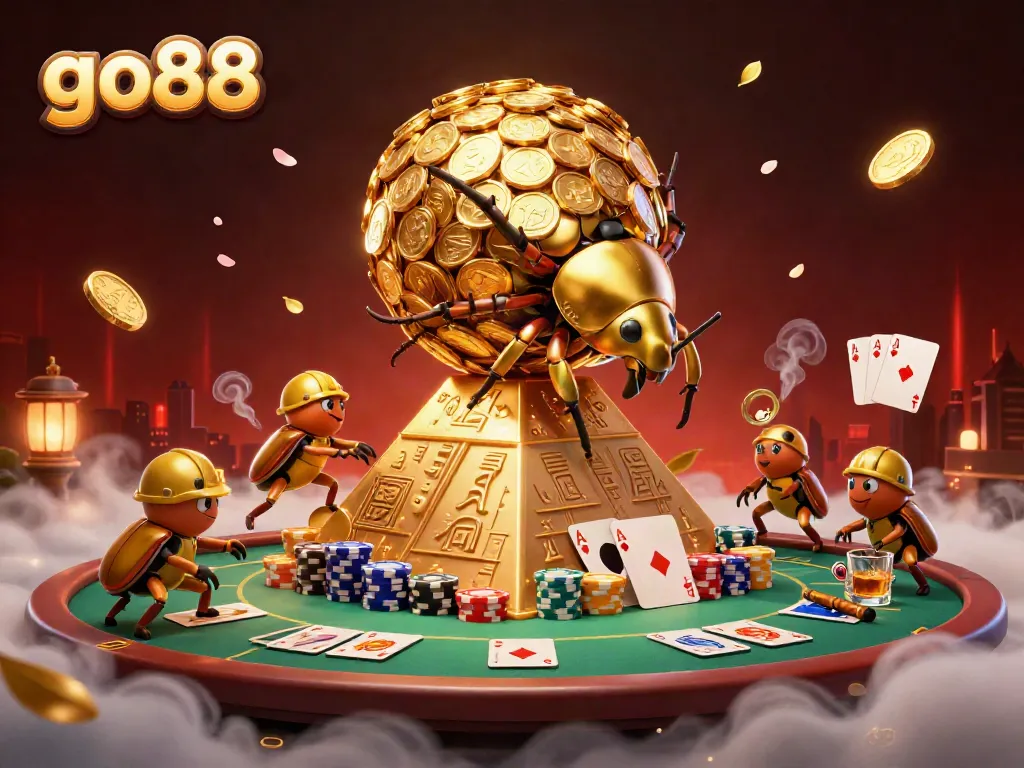 Experience thrilling gameplay at go88 with a golden dung beetle rolling coins and vibrant casino elements.