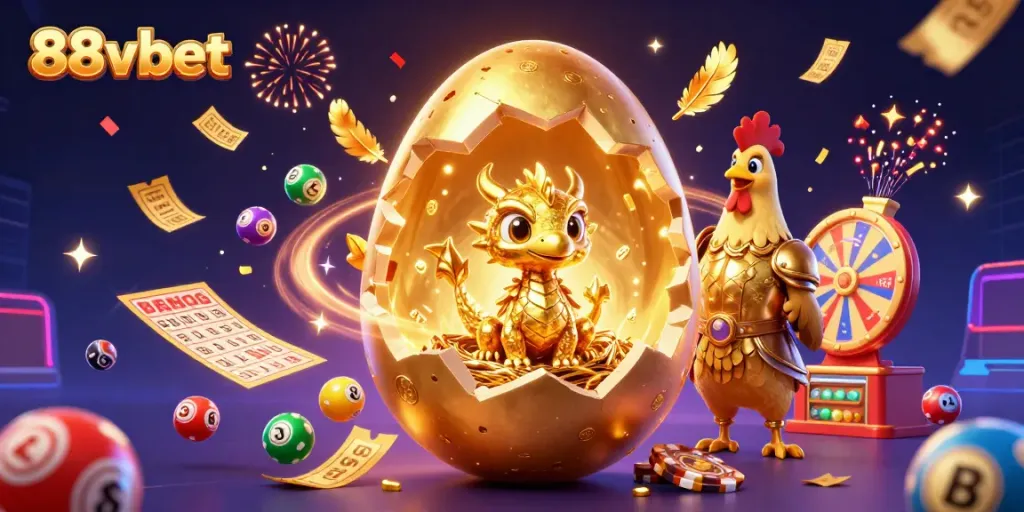 Immerse in the excitement of 88vbet with a baby dragon and golden poker chips in a vibrant casino celebration.