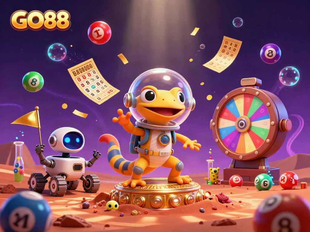 Witness the Martian gecko at GO88 revealing a hidden casino, amid colorful lottery elements.