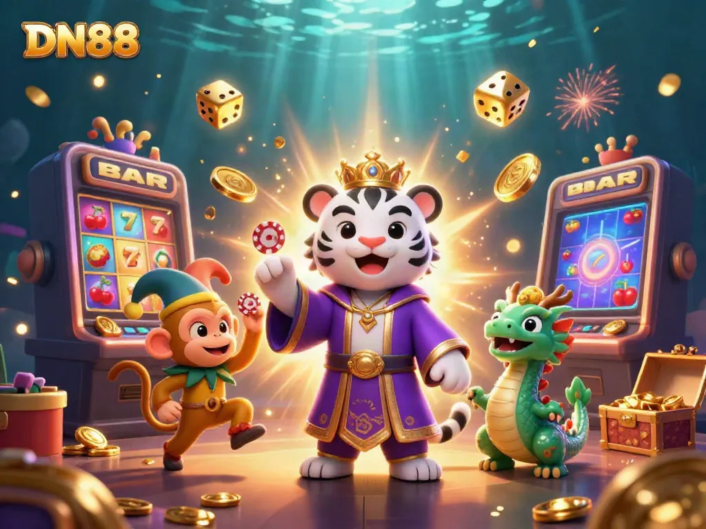 Experience the excitement of DN88 with a vibrant 3D illustration of a tiger, monkey, and dragon amidst a jackpot scene.