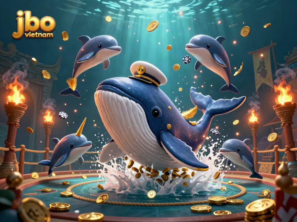 Playful scene showcasing jbo vietnam with a 3D cartoon whale and dolphins gambling among gold coins.