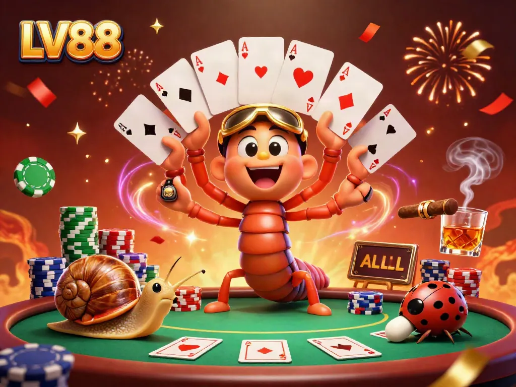 Experience the excitement at LV88 casino with a lively card dealer and playful characters.