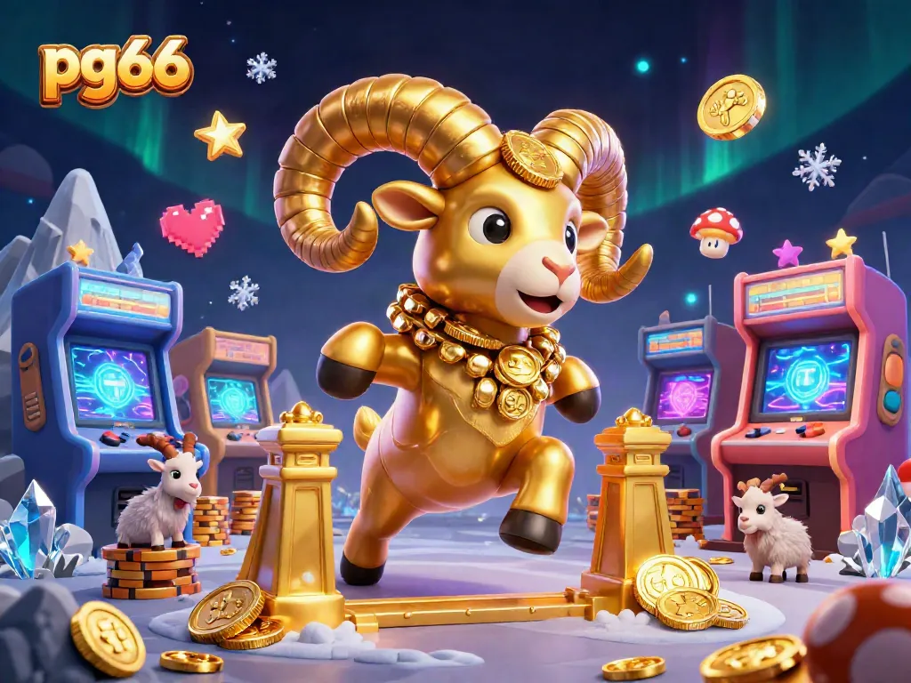 Experience exciting casino gameplay with pg66's cartoon golden ram charging through a vibrant arcade scene.