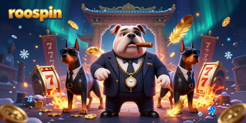 Engaging Roospin Casino scene with a mafia bulldog and Dobermans showcasing slot gaming elements