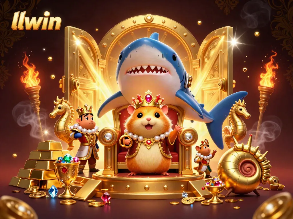 Experience the excitement of llwin with a dynamic 3D illustration of a golden hamster king and treasure.