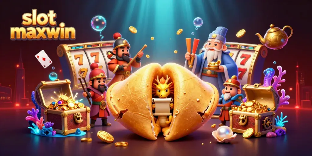Engage with slot maxwin excitement in this dynamic 3D casino illustration depicting fortune and luck.