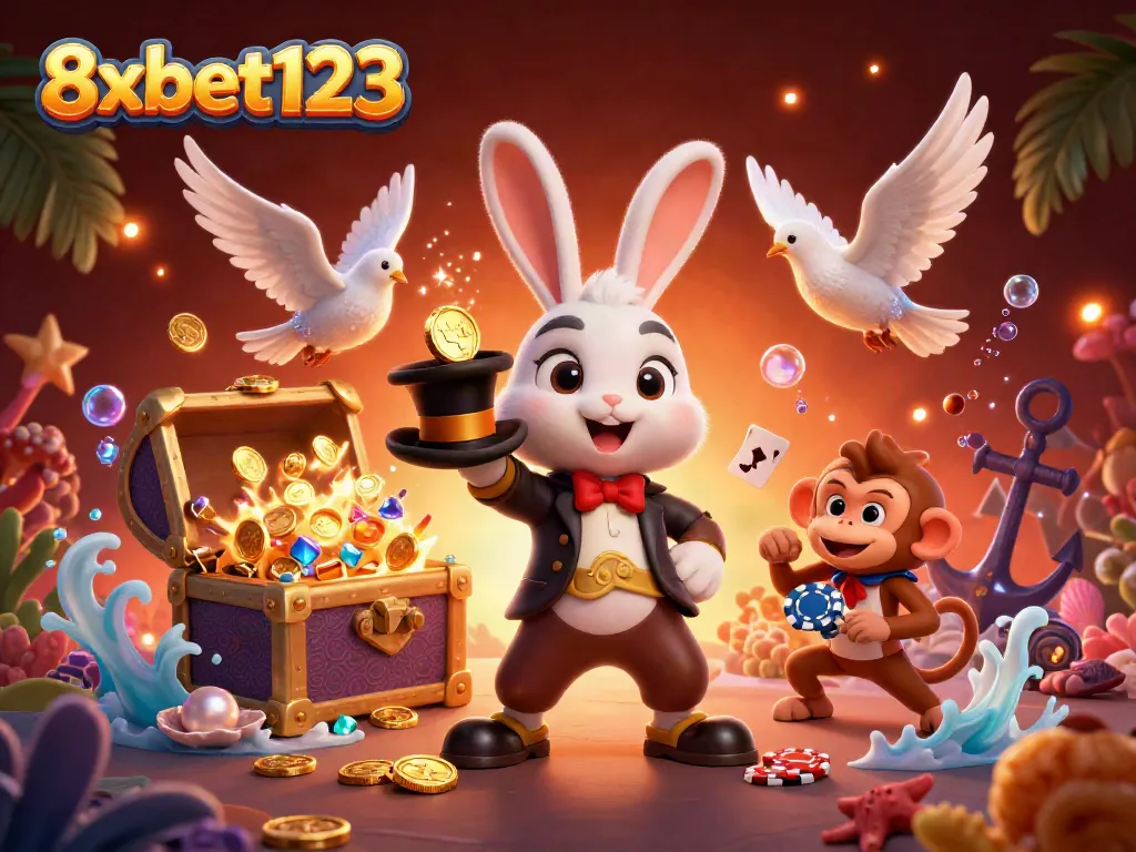 Experience magical wins with 8xbet123 as a rabbit pulls golden coins from a top hat.