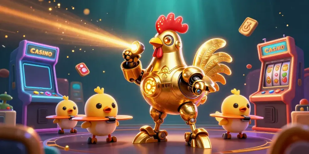 Experience the thrill of a CASINO adventure with golden robots and arcade games in an underwater scene.