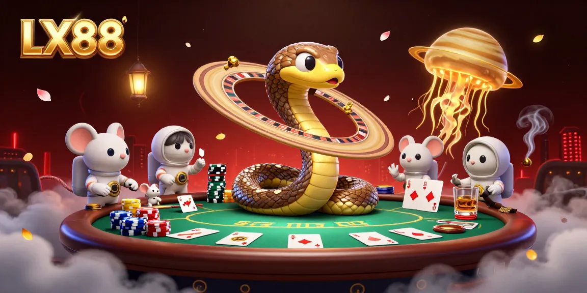 Experience the thrill of LX88 with cartoon characters betting in a cosmic casino scene.