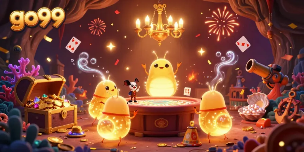 Experience the excitement of go99 with vibrant glowworms lighting a cave casino, featuring dynamic treasures and gaming elements.