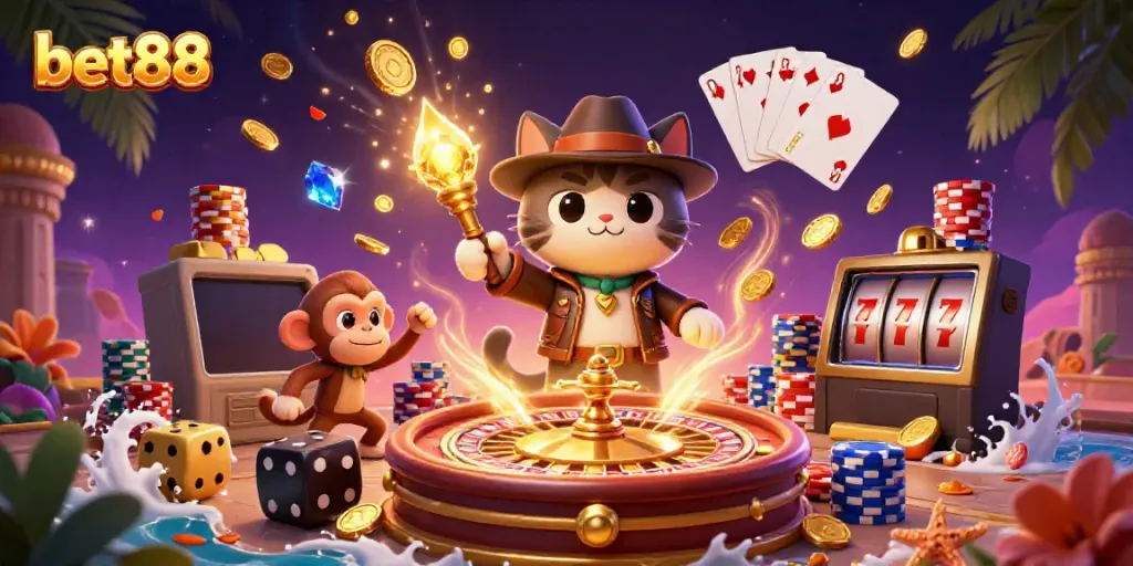Bet88 highlights the excitement of casino adventures with a 3D explorer cat and monkey amid treasures.