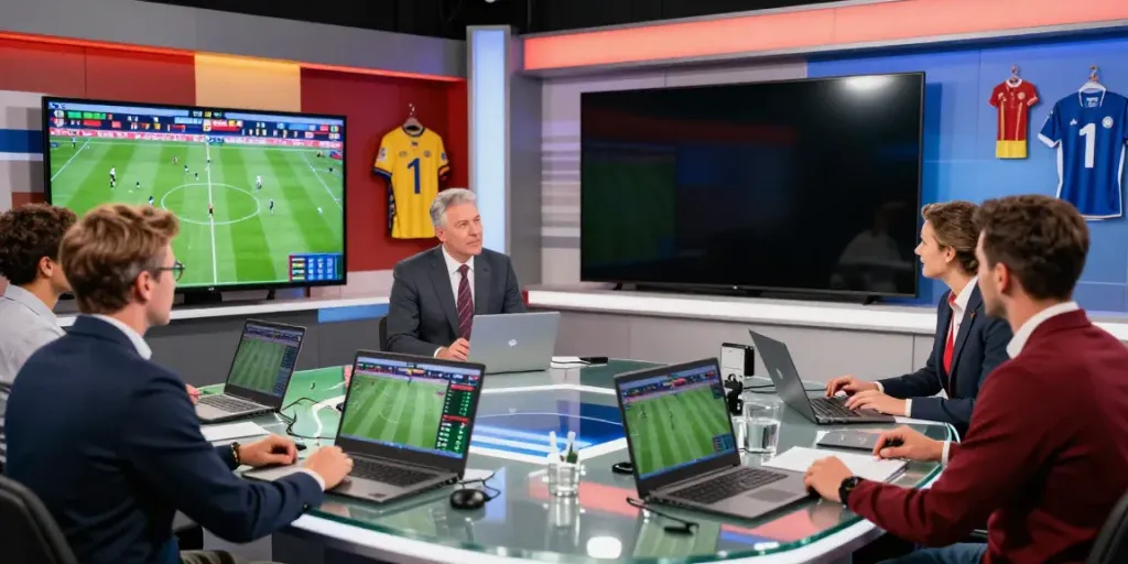 Thapcamtv sports commentators analyzing live football match updates in a modern studio.