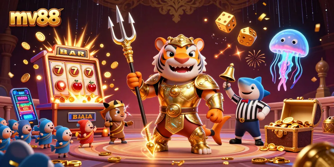 Win big at mv88 with vibrant casino-themed 3D illustration showcasing immersive gaming elements.