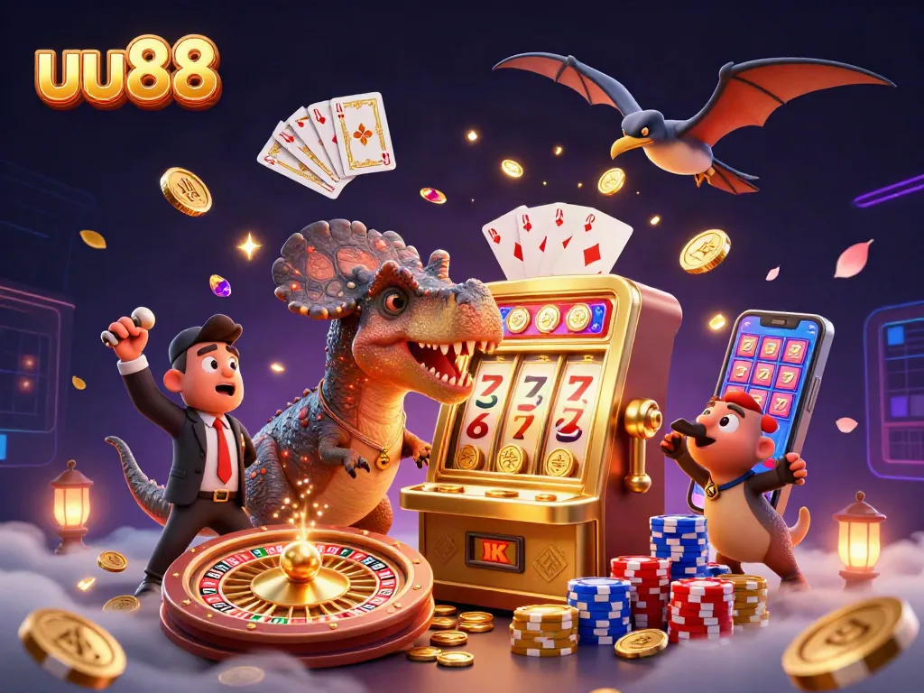 uu88 casino scene with a dinosaur jackpot win and dynamic coin action for engaging gameplay