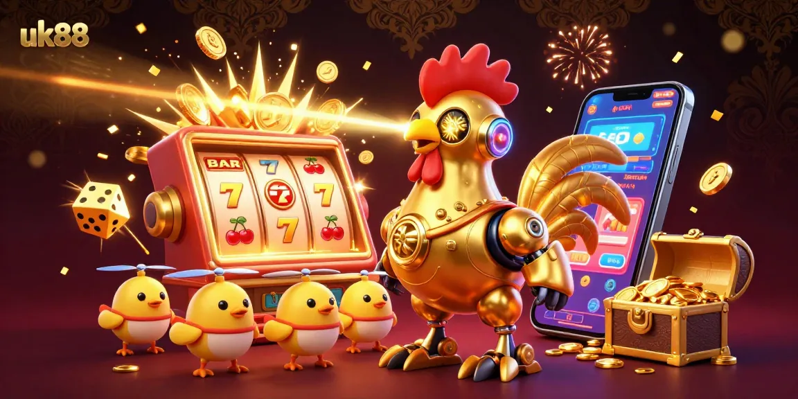 Engage with the exhilarating uk88 casino experience featuring a golden rooster robot, vibrant jackpot elements, and colorful gaming symbols.