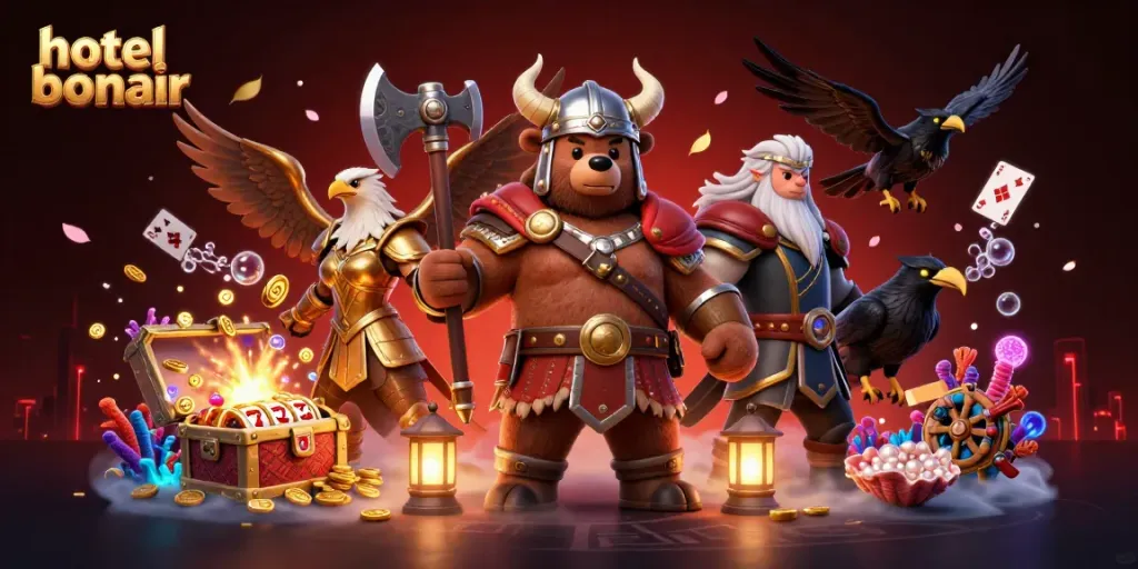 Experience thrilling moments at hotelbonair with a vibrant 3D casino scene featuring exciting slots, characters, and treasure.