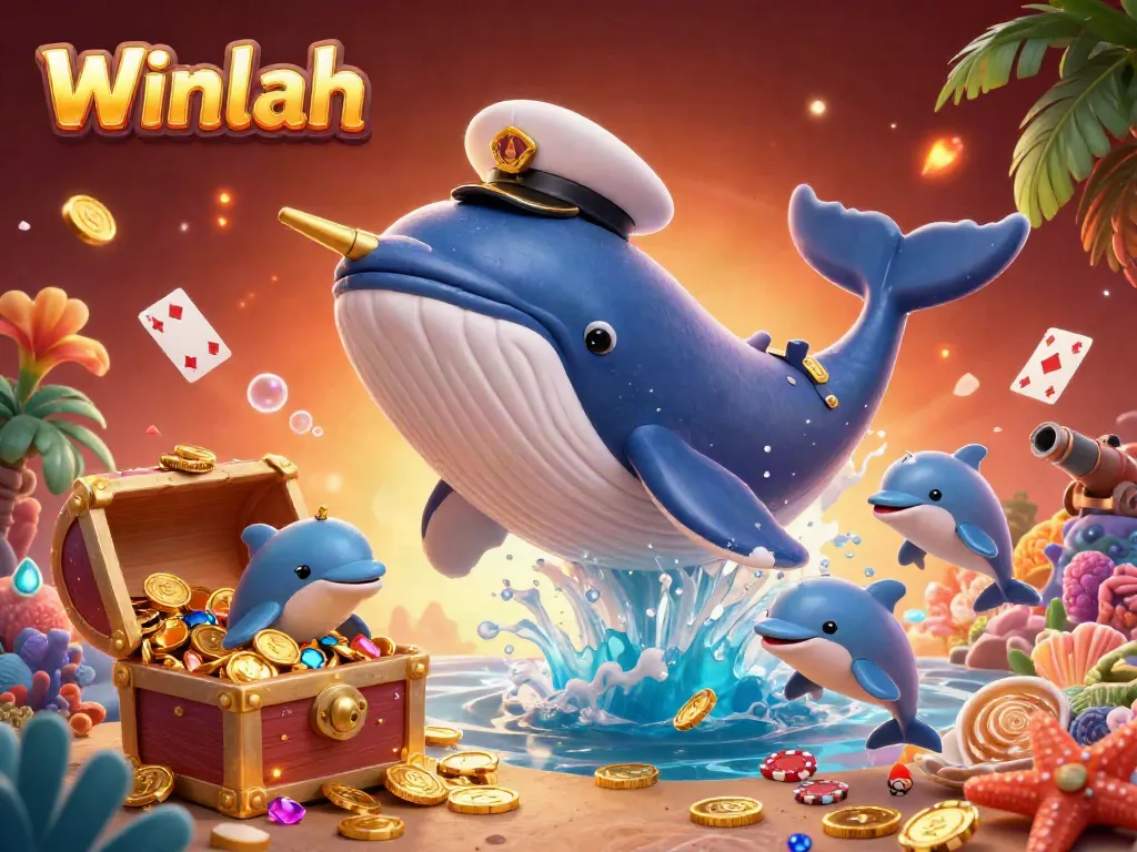 Experience vibrant gameplay excitement with Winlah underwater featuring a giant whale and playful dolphins.