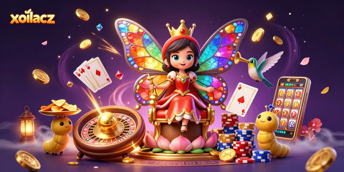 Experience a vibrant gambling scene with xoilacz featuring a butterfly queen and casino elements in action.