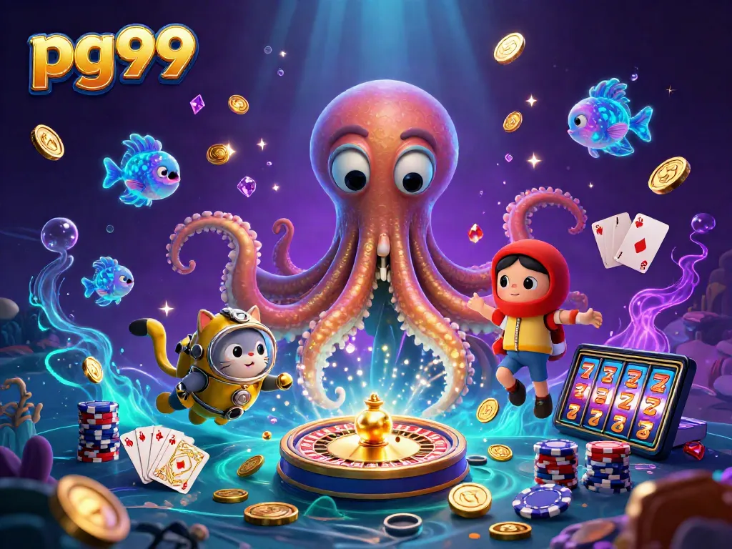 Engage with pg99's vibrant casino adventure featuring a kraken, diving cat, and dazzling treasures.