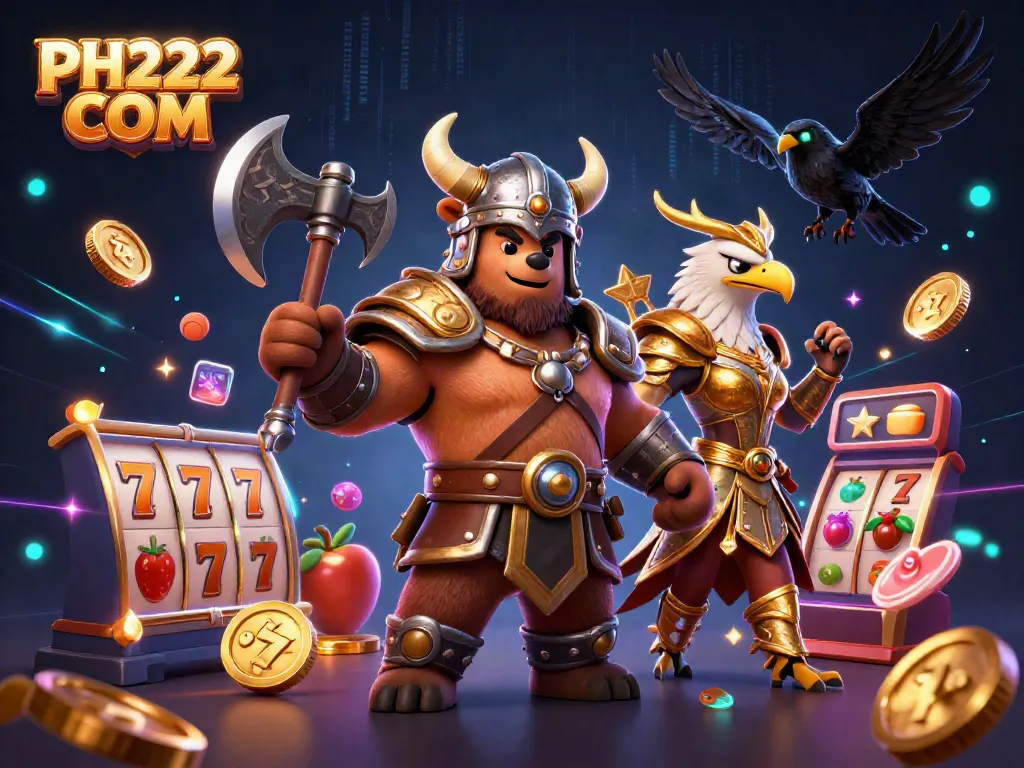 Engaging scene showcasing PH222 COM with dynamic casino elements, featuring a Viking bear and Valkyrie eagle.
